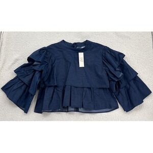 NF Women Denim Like Ruffle Sleeve Tiered Peplum Blouse Top One Size Fits Most